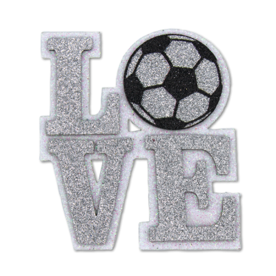 silver and white soccer love glitter foam.