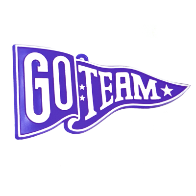 purple and white Go Team pennant