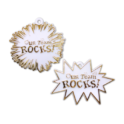 gold and white our team rocks trinket